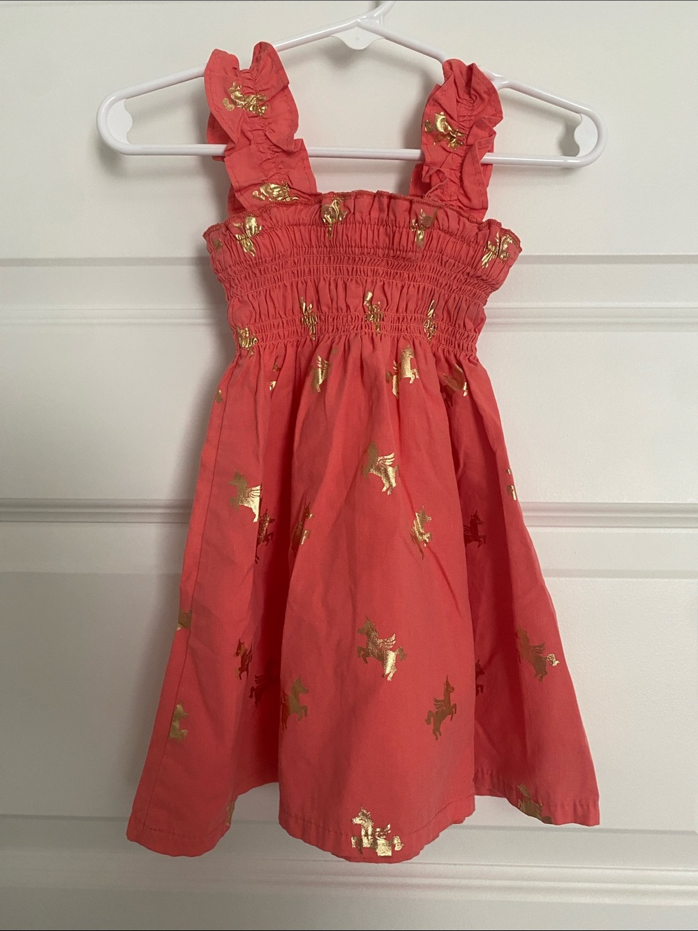 Coral Girls' Ruffled Strap Dress with Gold Unicorn Accents